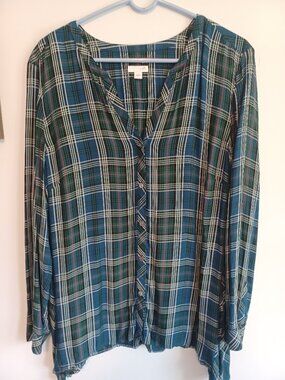 J Jill Women's Plaid V Neck Top Blouse Size XL